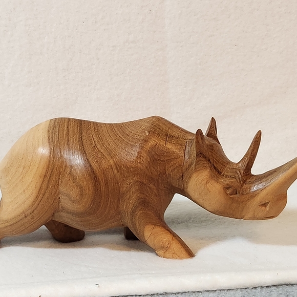 Hand Carved Rinoceros Teak Wood - Picture 2 of 12